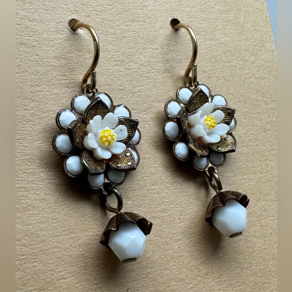 Floral White and bronze hook Earrings